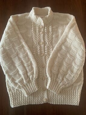 Vintage Handmade Cream Button-Front Women's Cardigan with Balloon sleeves, Sz L